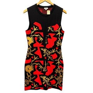 Kenzo Paris Dress Womens Large Bodycon Knit Red Gold Black Monster Foil NEW